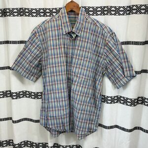Alan Flusser Plaid Short Sleeve Button Down Shirt XL 100% Cotton Y2K Retro
